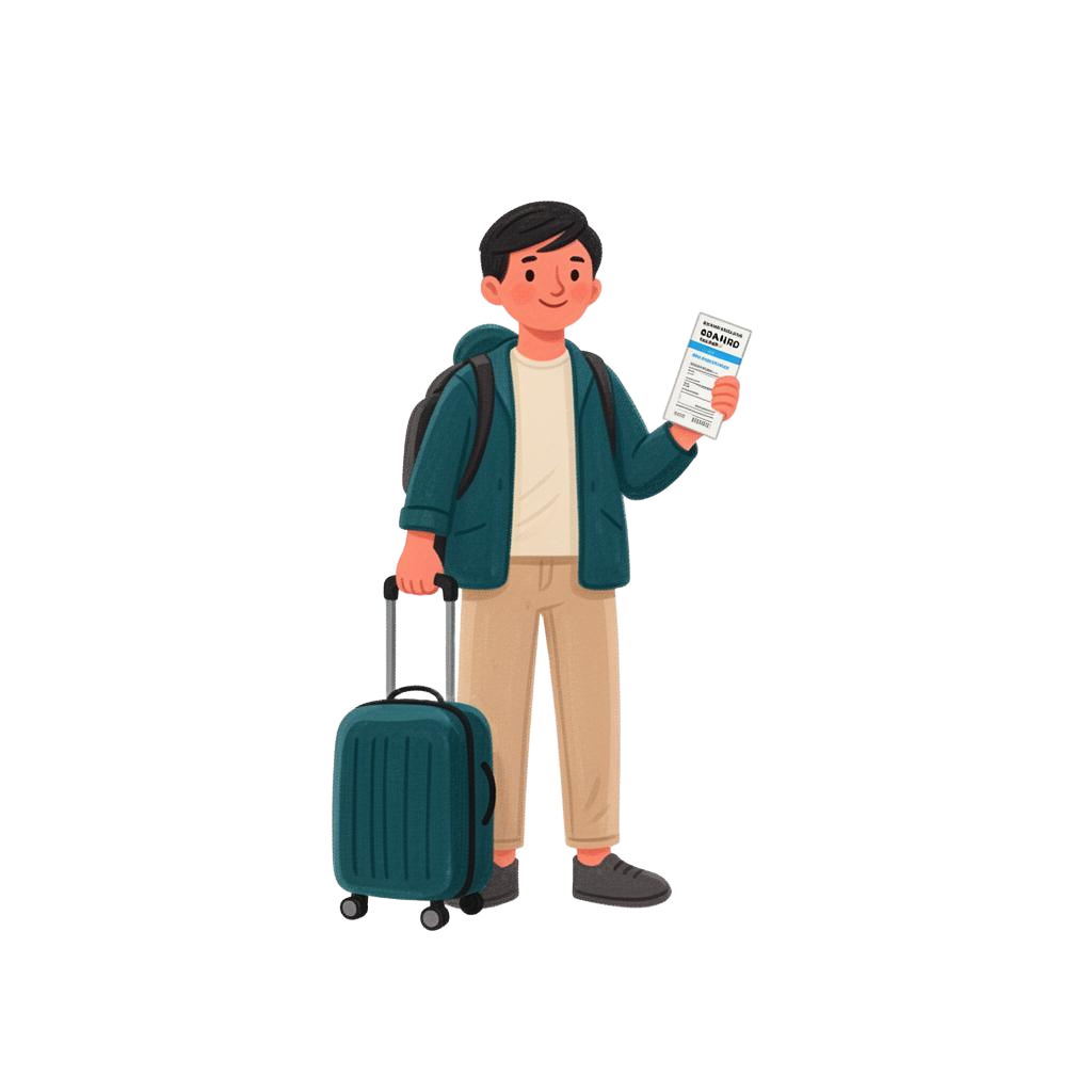 Traveller holding a boarding pass with a small suitcase